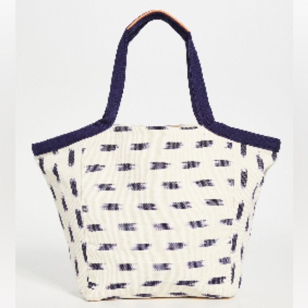 Mercado Global Rosa Tote cream and blue bag with tan leather trim